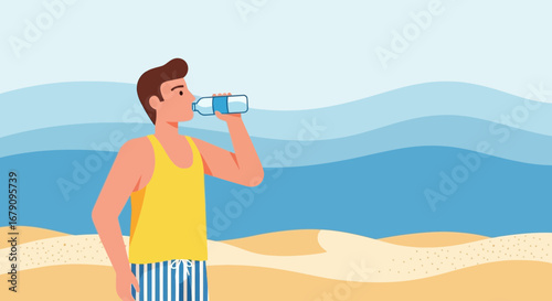 Young Man Drinks Water On Beach Showing Refreshment And Summer Relaxation