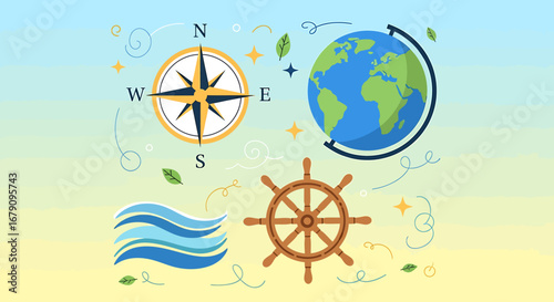 Stylized nautical themed illustration for adventure with earth and sea symbols