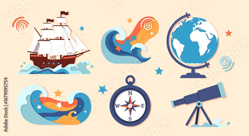 Nautical exploration elements with vintage ship, wave, compass and telescope