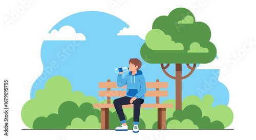 Young Man Drinking Water While Relaxing On A Park Bench During The Day