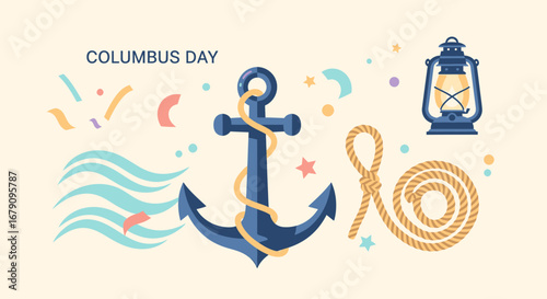 Celebratory Columbus Day nautical voyage themed illustration with symbolic