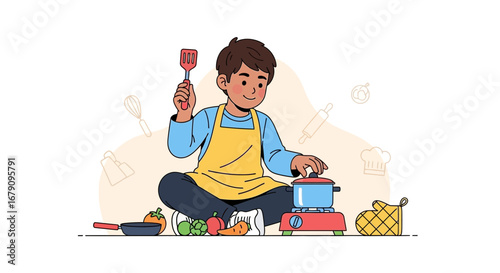 Young Chef Cooking Delicious Meals with Enthusiasm in a Modern Kitchen Illustration