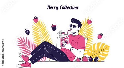 Young Man Enjoying Refreshing Berry Drink While Relaxing Under Tropical Leaves