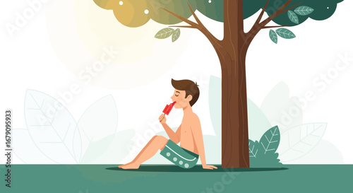 Young Man Enjoying Popsicle Under Tree's Shade On Sunny Day in Summer Season
