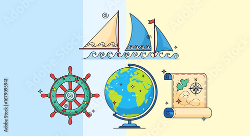 Delightful nautical themed illustration set against a two-toned background