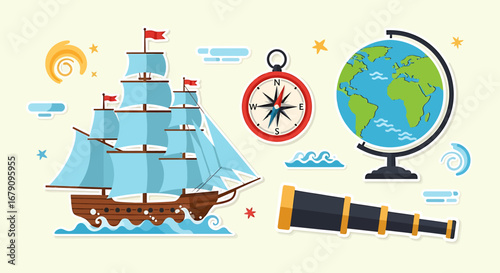 Whimsical nautical adventure featuring a sailing ship, globe and spyglass