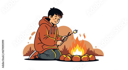 Young man enjoying roasting a marshmallow on a campfire during camping illustration