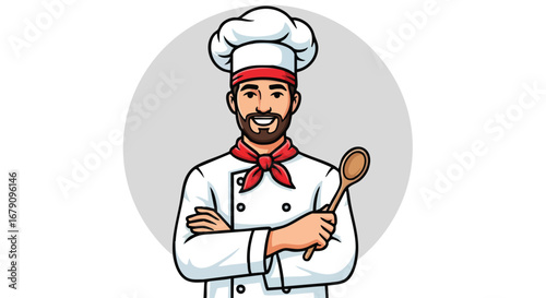 Confident Culinary Artist: Vector Illustration of a Smiling Male Chef Holding a Wooden Spoon and Ready to Create Exquisite Dishes