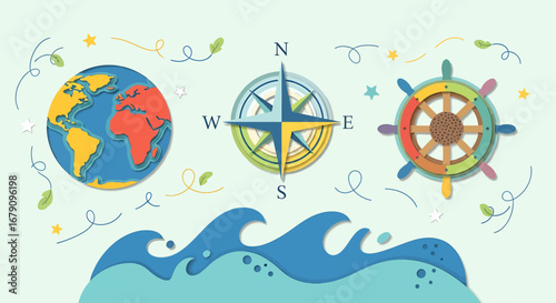 Whimsical maritime travel adventure elements in vibrant colors and waves