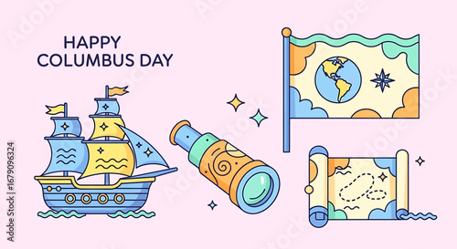 Celebration of Columbus Day with sailing vessel, nautical map and flag symbol
