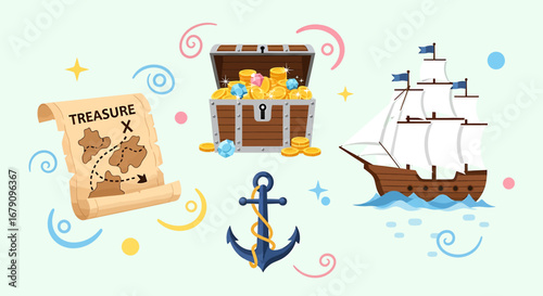 Cartoon depiction: quest for hidden gold, sailing voyage, adventurous journey