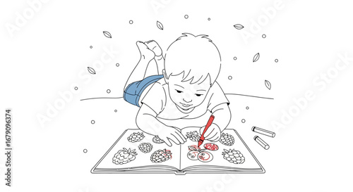 Young Child Coloring Berries in a Book, Enjoying A Happy And Creative Occupation