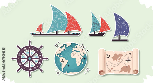 Collection of vintage nautical themed elements for travel and exploration