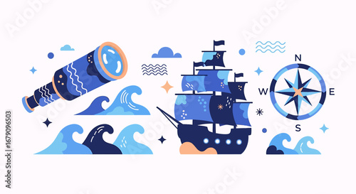 Stylized nautical adventure elements featuring a telescope ship and compass