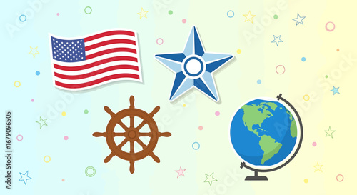 Nautical patriot design with American symbolism and global exploration theme