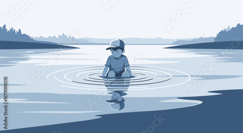 Young Child Contemplating Life While Sitting Calmly In The Middle Of The Lake
