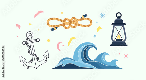 Nautical themed decorative composition with anchor, wave, rope and lantern