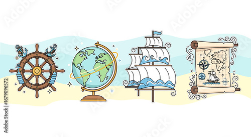 Vintage voyage emblems collection with nautical elements and cartography