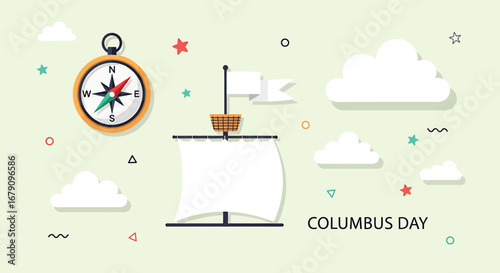 Columbus Day celebration vector background with ship compass and decorations