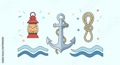 Nautical vector illustration with anchor, rope, lantern and sea waves design