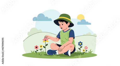 Young Child Discovering A Colorful Flower Garden, Enjoying A Peaceful Afternoon Outside
