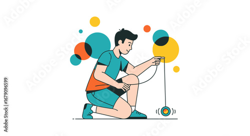 Young Man Plays With A Yo-Yo, Capturing Motion and Joy, Vector Illustration