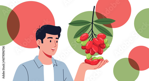 Young Man Presenting Freshly Harvested Berries Against a backdrop of Red and Green Circulars