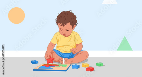 Young Child Engaged in a Puzzle, Demonstrating Focus and Dexterity, Learning with Toys