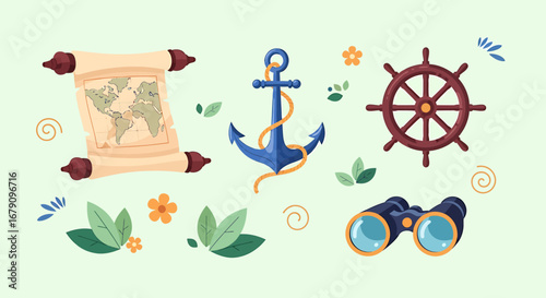 A whimsical maritime design featuring nautical elements on soft green backdrop