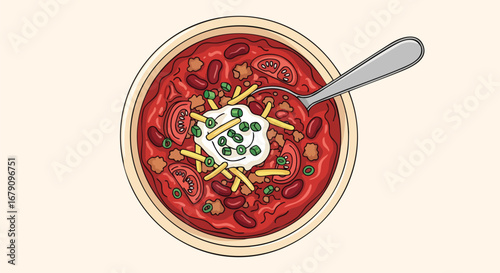 Detailed Chili Bowl Illustration: A Spoonful of Comfort and Flavorful Ingredients Depicted from Above