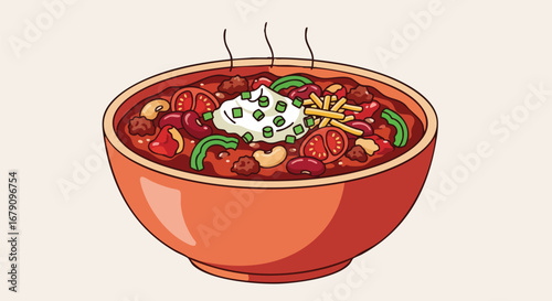 Steaming Bowl of Chili: A Culinary Illustration Showcasing Toppings and Vibrant Ingredients, with fresh garnish and savory