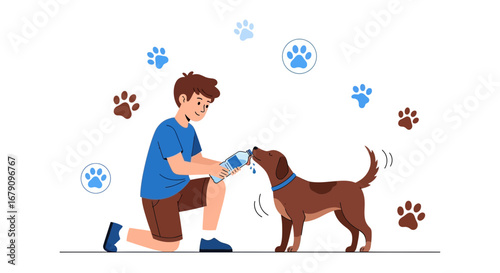 Young Man Provides Hydration For A Thirsty Canine Companion On A Plain Backdrop