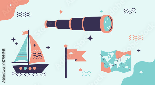 Whimsical nautical adventure with spyglass sailboat map and flag illustration