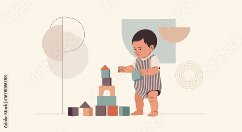 Young Child Engaged In Playful Construction With Wooden Blocks Learning Activity