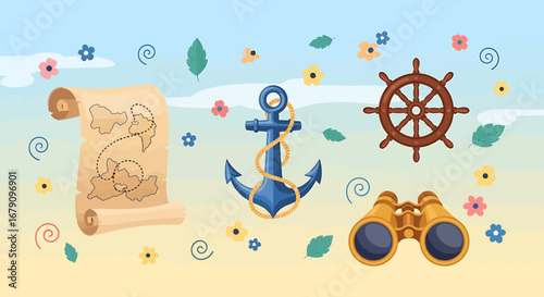 Cartoon seascape illustration showcasing elements related to nautical voyages