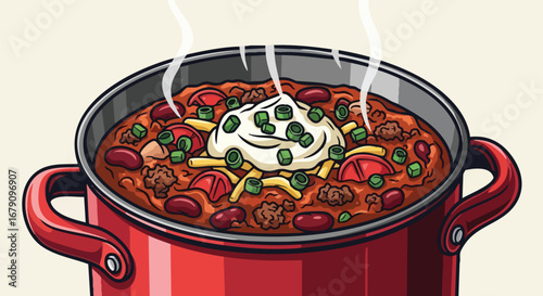 Vibrant and steaming pot of chili art illustration with colorful toppings perfect for culinary presentations