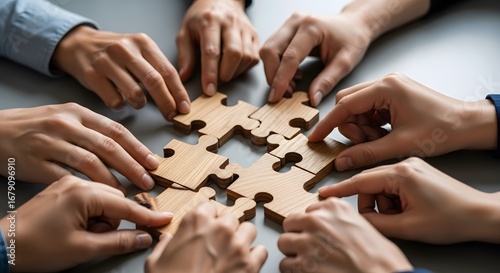 Teamwork and collaboration Hands coming together to solve a jigsaw puzzle, representing unity and problem-solving in business