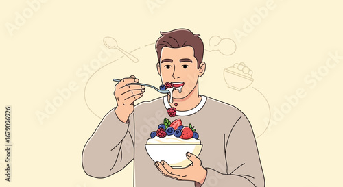 Young Man Savors Delicious Yogurt With Berries Enjoying a Delightful Breakfast