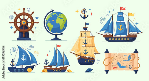 Illustrated nautical themed elements evoking adventure and exploration voyage