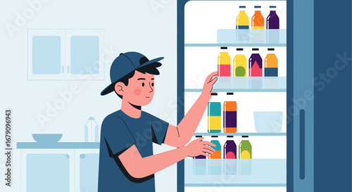 Young Man Selecting Chilled Drinks From a Fridge, Bright and Colorful Illustrated Scene