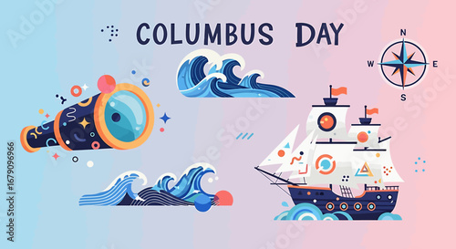 Festive Columbus Day themed nautical design, with a sailing exploration spirit