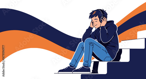 Young Man Sitting on Steps Listening to Music with Headphones Relaxing And Smiling