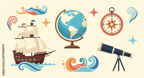 Retro nautical exploration themed icons featuring ship, globe and telescope