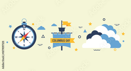 Stylized Columbus Day Illustration with Compass and Clouds in Blue Tones