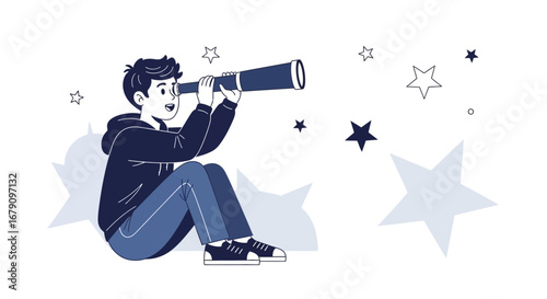 Young man using a telescope to observe stars and space exploring a night sky