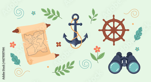 Marine themed composition with scroll, anchor, wheel and binoculars illustration