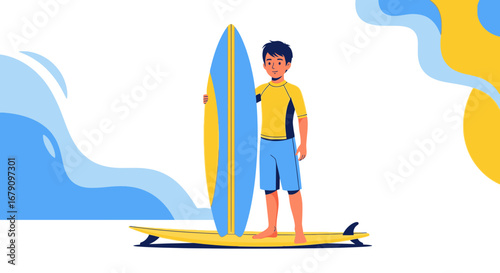 Young man with a surfboard on a surfboard, standing near the sea waters with surfing