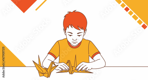 Young Child Origami Cranes Illustration Demonstrating Crafting Skills and Enjoyment of The Activity