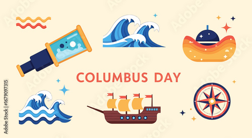 Celebrating Columbus Day with maritime icons, vector illustration holiday