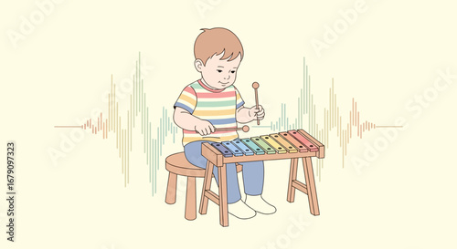 Young Child Music Enthusiast Playing The Xylophone With Joyful Sound Waves Around
